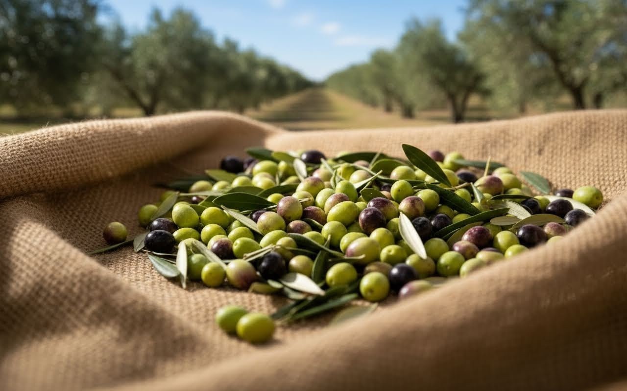 A bright, macro shot of glistening, freshly-picked green olives, perhaps in a colorful bowl.